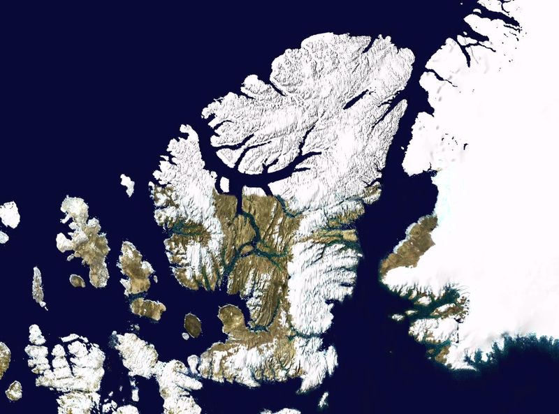 Satellite image montage showing Ellesmere Island and its neighbours. (Image: Wikimedia Commons)