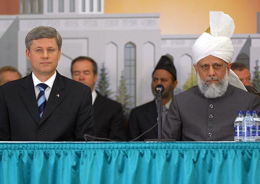 Canadian Prime Minister, Stephen Harper, and His Holiness Mirza Masroor Ahmad at the opening inauguration of the Baitan Nur Mosque, considered the largest mosque in Canada in 2009. Photo: Itzafineday