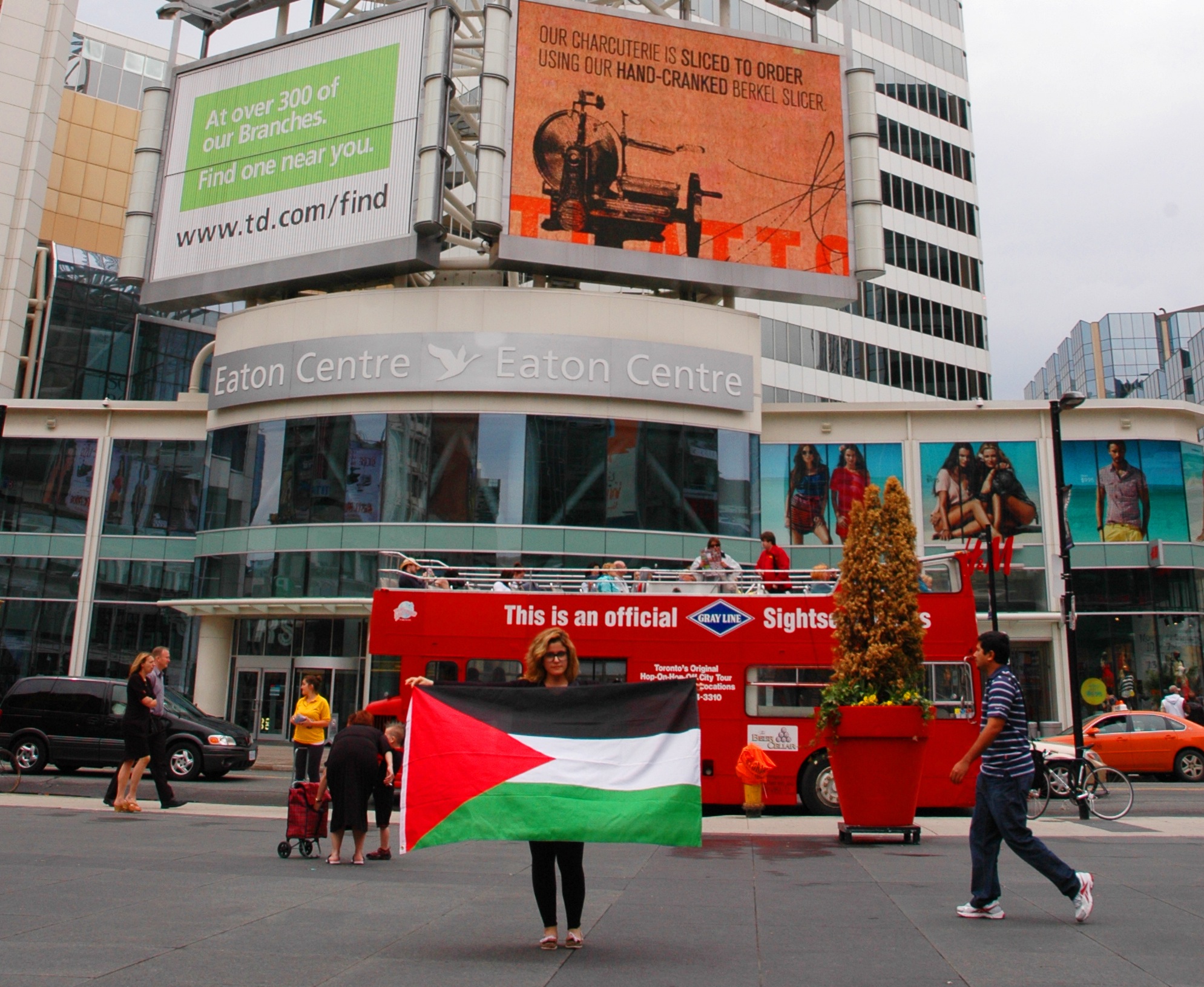The Palestinian flag at Yonge-Dundas Square in downtown Toronto.
