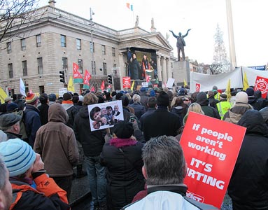 Irish protesters march through Dublin against the deal struck between their government and the IMF and European Central Bank on Nov. 27.  To the left is the GPO -- the General Post Office -- the headquarters of 1916 uprising. Photo: lusciousblopster