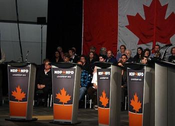 The empty podiums at the NDP leadership debate in Ottawa, Dec. 3, 2011. Photo: Chris Zacchia/www.forgetthebox.net