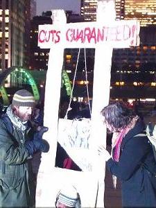 A fake guillotine to protest cuts at Jan. 19 protest against Ford cuts. Photo: Michelle Langlois