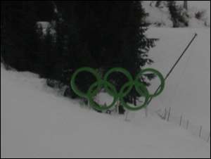 Mysterious green Olympic rings atop the Olympic alpine course.