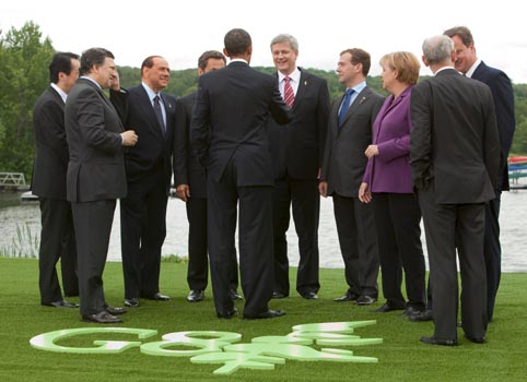 The G8 leaders relaxing after official photos on the fake grass lawn at the site of the G8 Summit, Huntsville, ON., June 25, 2010. Official photo.