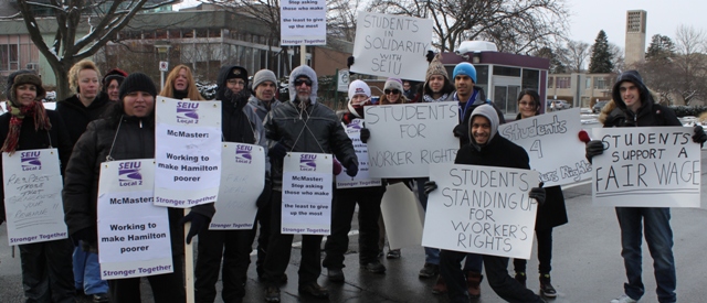 Strikers and supporting students at McMaster University in Hamilton. Photo: Diego Mendez