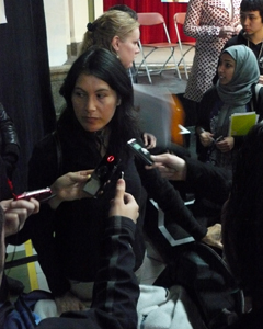 Executive Director of the NWSM, Nakuset, at a Women's Policy meeting with Liberal Leader Micahel Ignatieff, on March 14 in Montreal. Photo: Maya Rolbin-Ghanie