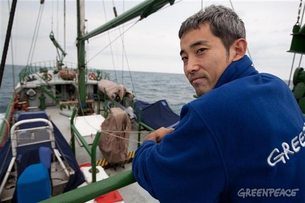 Sakyo Noda on the Rainbow Warrior off the coast of Japan. Photo: Greenpeace