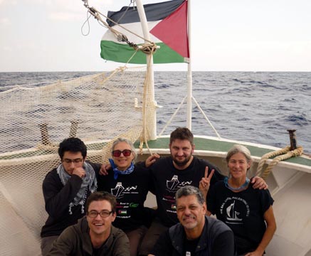 'Our course is the conscience of humanity, our final destination the betterment of humankind.' Less than 75 nautical miles from Gaza, with Majd Kayyal, Karen DeVito, David Heap, Kit Kettridge, Michael Coleman and Ehab Lotayef. Photo Lina Attala