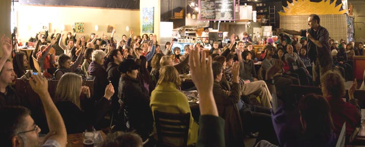 David Diamon of Headlines Theatre with a Vancouver audience devising Us and Them [The Inquiry]. Photo Tim Matheson.