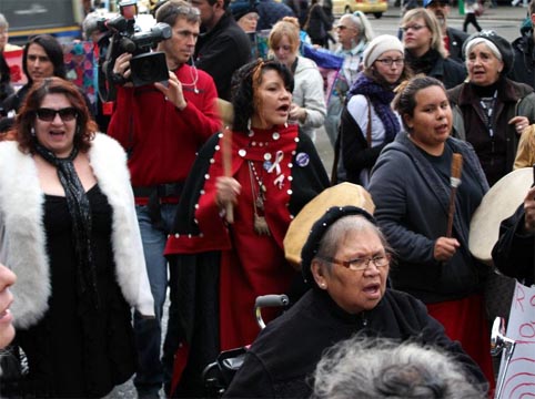 Over 200 women blocked traffic and called for a 'new fair, just, and inclusive inquiry that centres the voices and experiences and leadership of women, particularly Indigenous women, in the DTES.' Photo: Courtesy of Union of BC Indian Chiefs