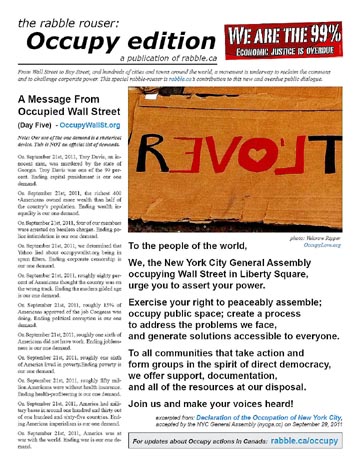 In solidarity with this weekend's Occupy Canada rallies across the nation, we have brought together our best stories on the Occupy movement in of our popular printable digest, rabble rouser. Share it!