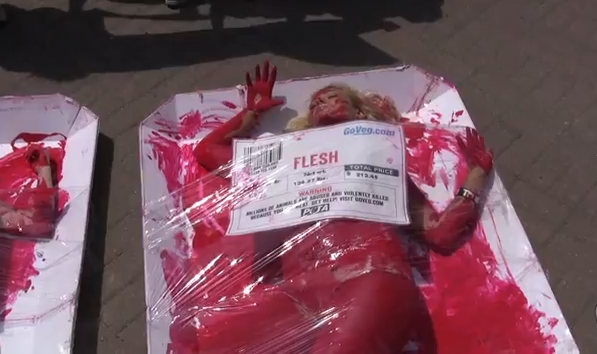 PETA's human meat tray protest at Toronto's pig slaughterhouse