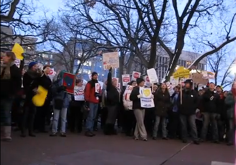 Rally outside the Wisconsin State Capital following vote to eliminate collective bargai