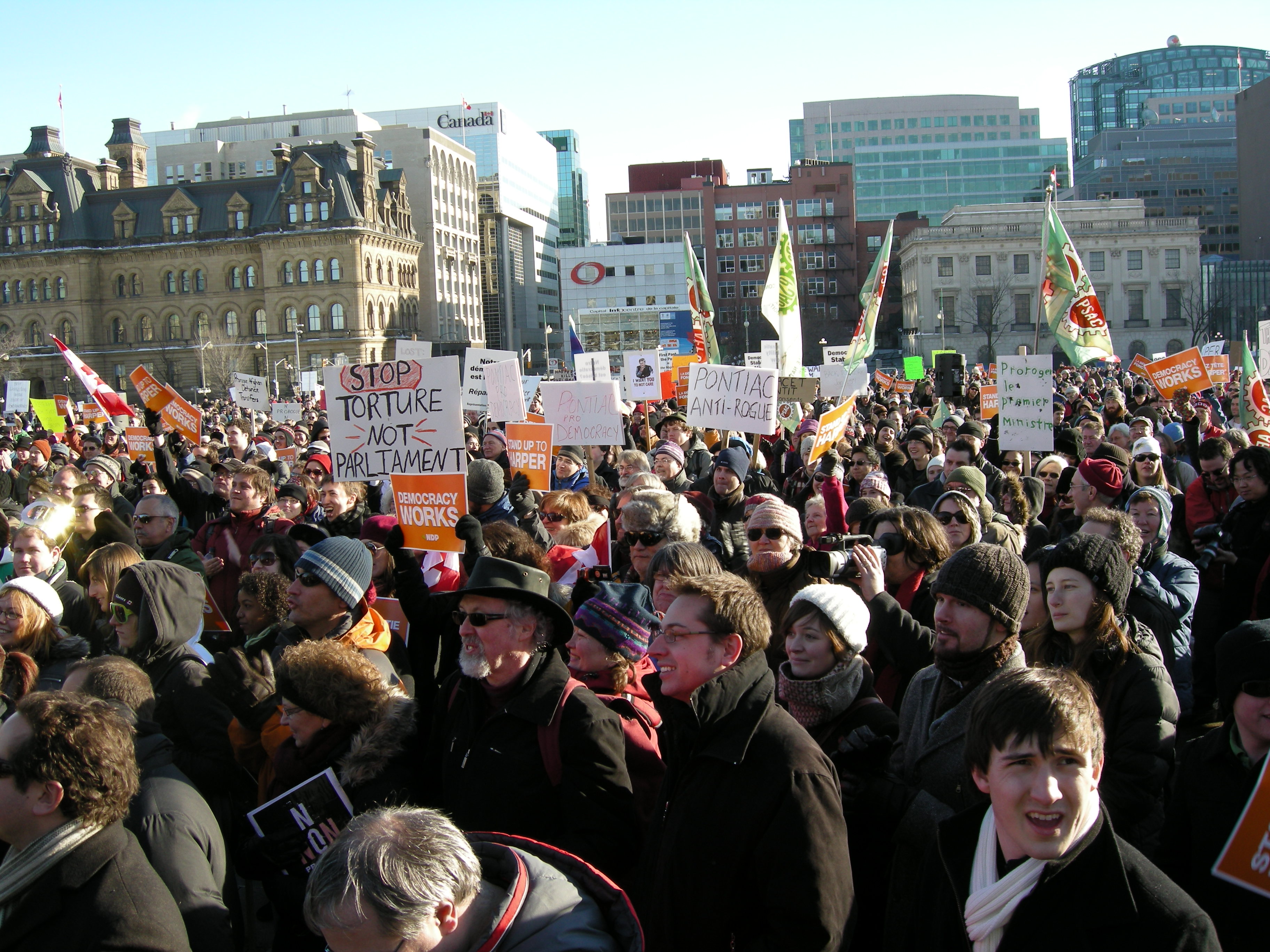 In January 2010, Canadians demonstrated by the thousands in defence of democracy, when Harper prorogued Parliament.