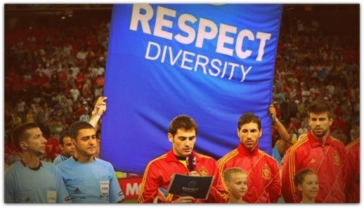 Team captains for Spain and Portugal read diversity statements before their semifinal match at Euro 2012. (Photo: Sportsfile)