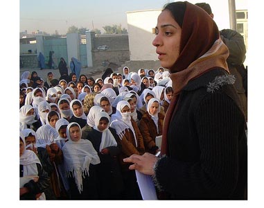 Malalai Joya visits a girls school in Farah province in Afghanistan. Photo: AfghanKabul