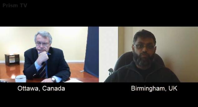 Carleton University's Jeff Sallot and human rights activist Moazzam Begg discuss the effects of no-fly lists on rights and security. Photo: Prism TV