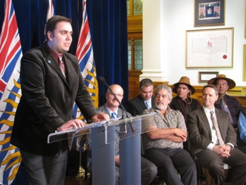 Evan Putterill speaks at the legislature in Victoria as part of a celebration of the Haida Gwaii Reconciliation Act.