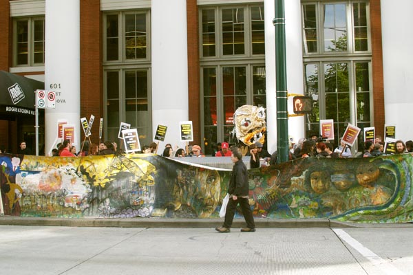 Organizers display an anti-mining banner during a 2011 protest against Goldcorp.