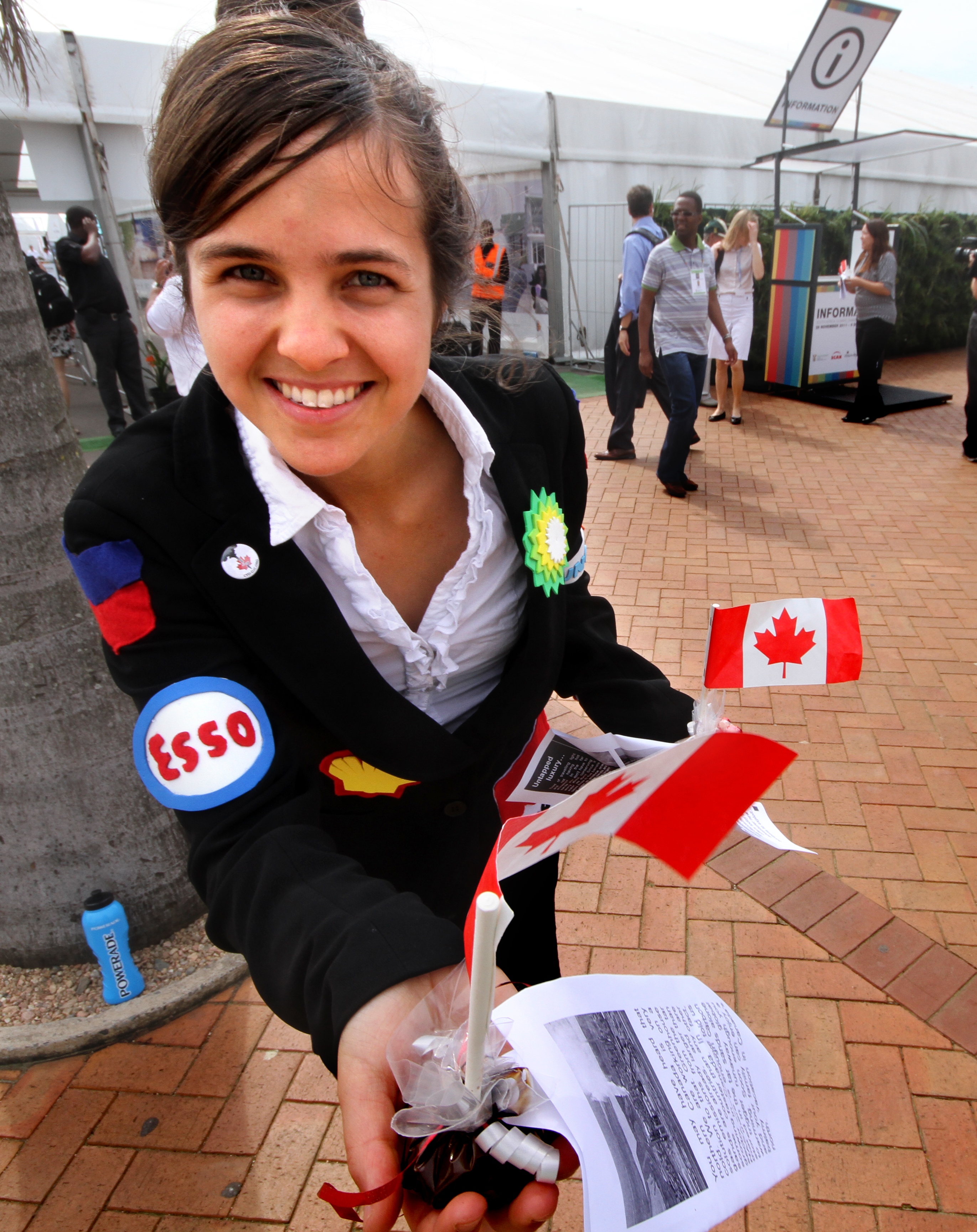 Brigette handing out Tar Sands at the 2011 UN climate conference.