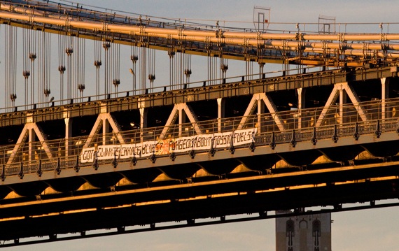 Banner drop at New York’s Manhattan Bridge on November 6, 2012.