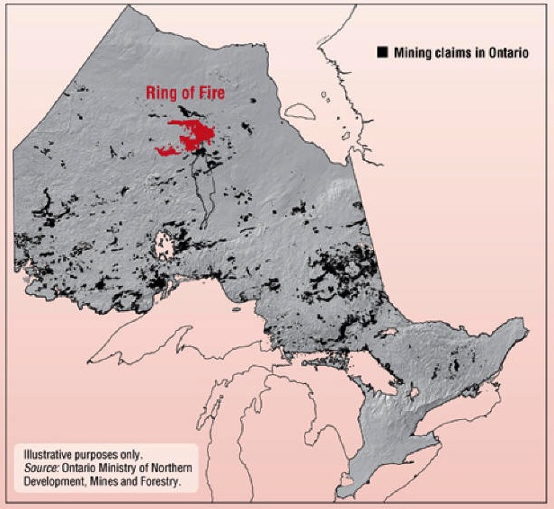 Map showing the location of the Ring of Fire in northern Ontario.