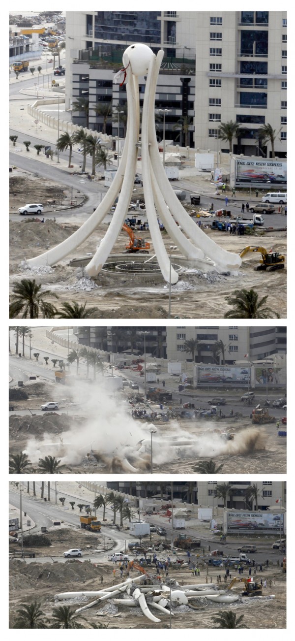 The destruction of Bahrain's Pearl monument.