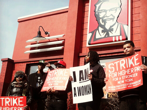 KFC workers protest outside the chain restaurant in Sunset Park, Brooklyn.