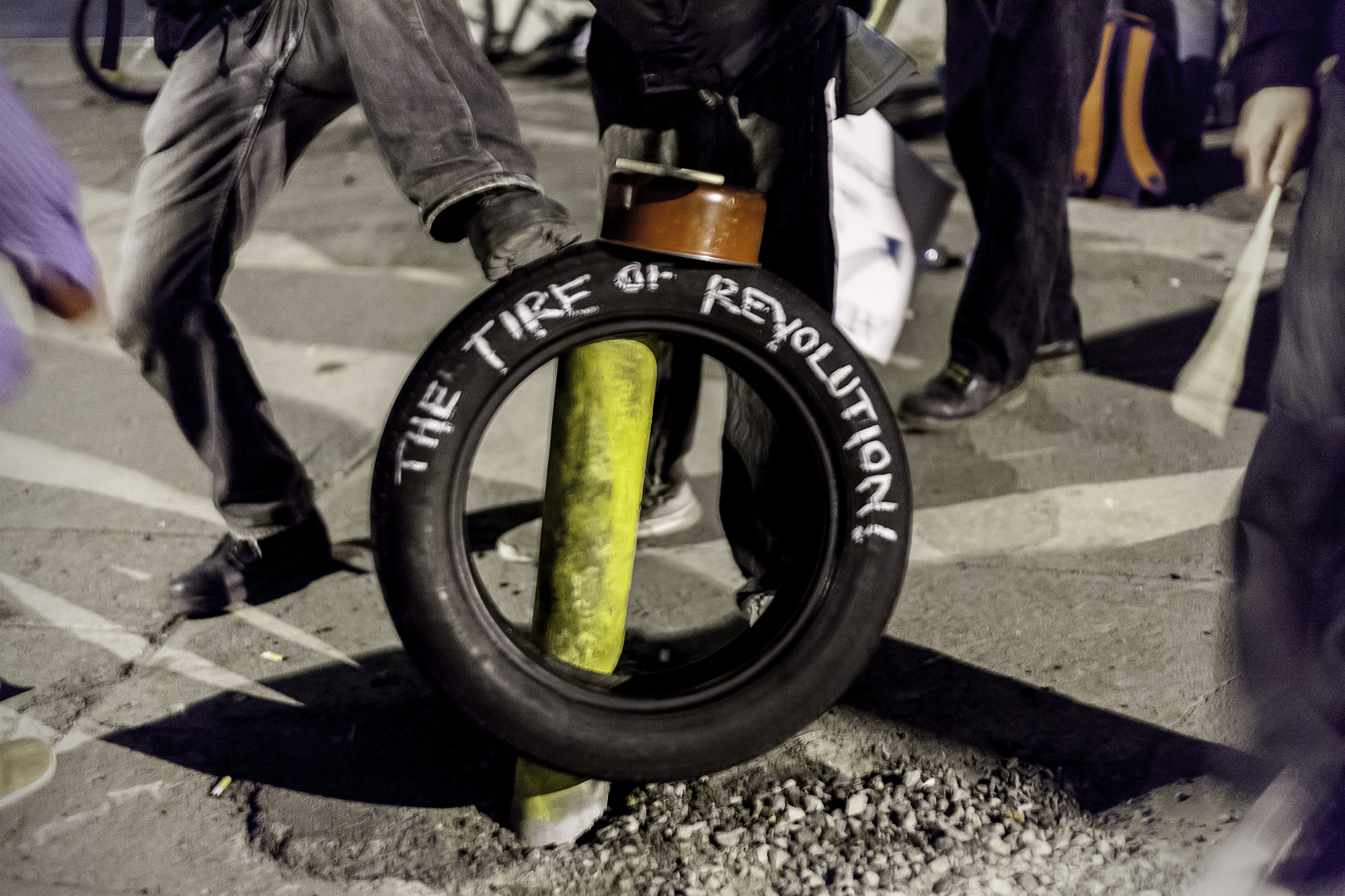 Occupiers had some fun with a tire. Photo: Justin Canning