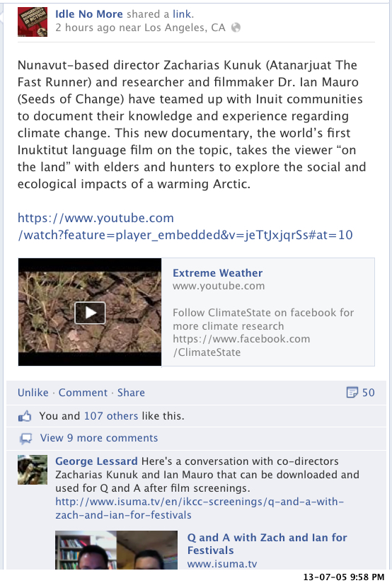 On Facebook Idle No More posted a link. 2 hours ago near Los Angeles, CA