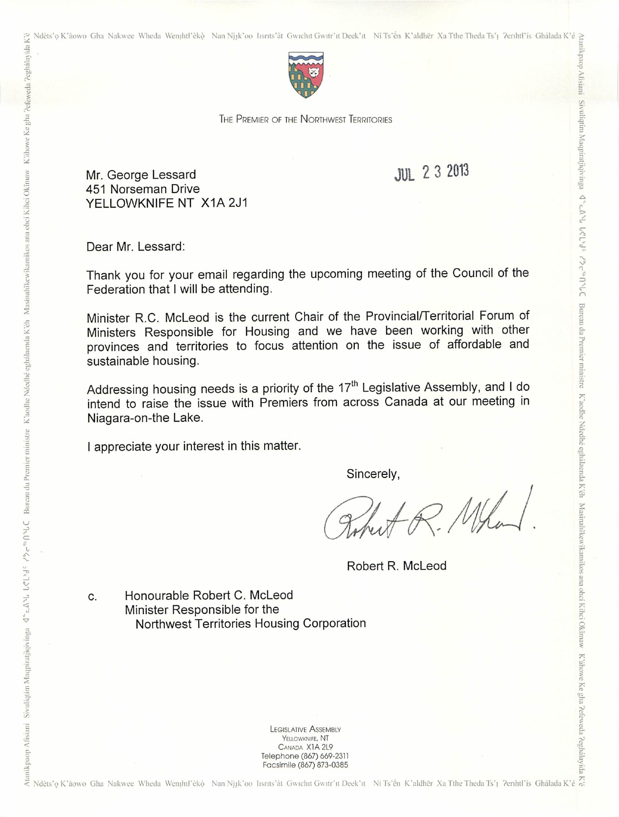 The reply from NWT Premier McLeod