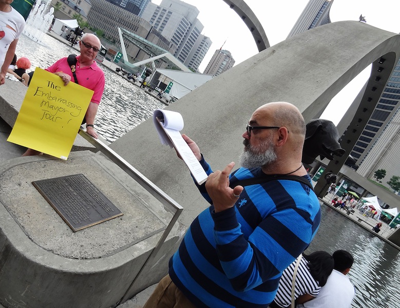 Roy Mitchell leads the Embarrassing Mayor tour. Photo: Elizabeth Littlejohn