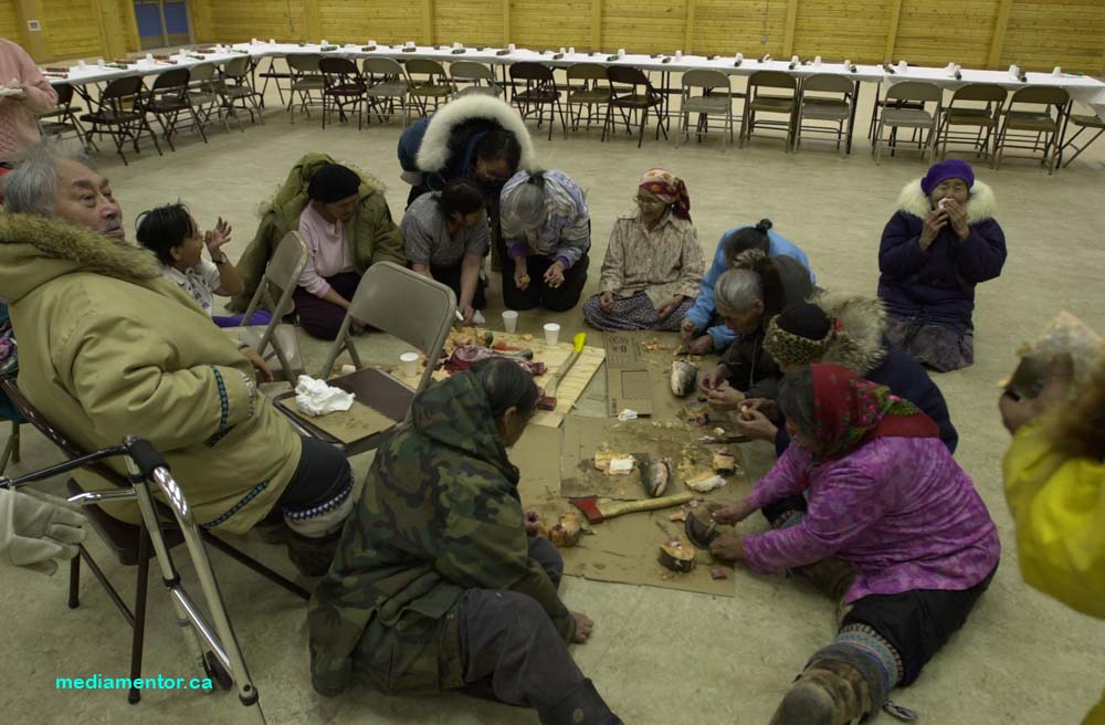 Elder's Christmas Feast of caribou and fish gets started in Arviat, Nunavut.