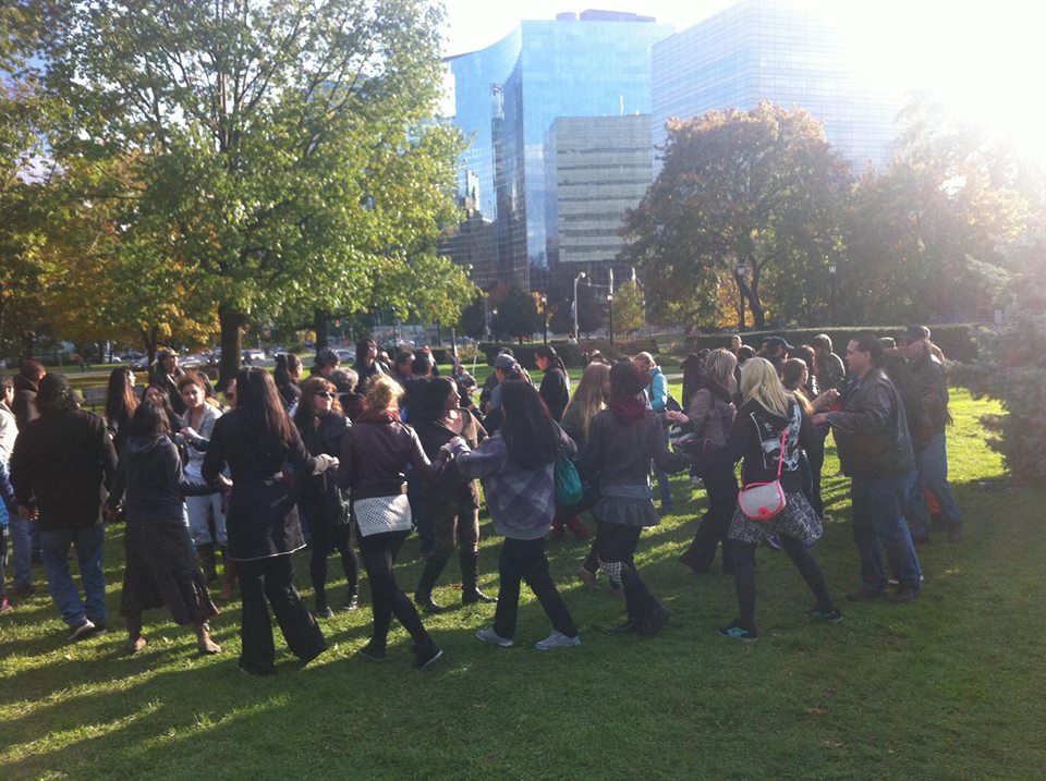 Photo by Krystalline Kraus of a round dance in solidarity with First Nations in