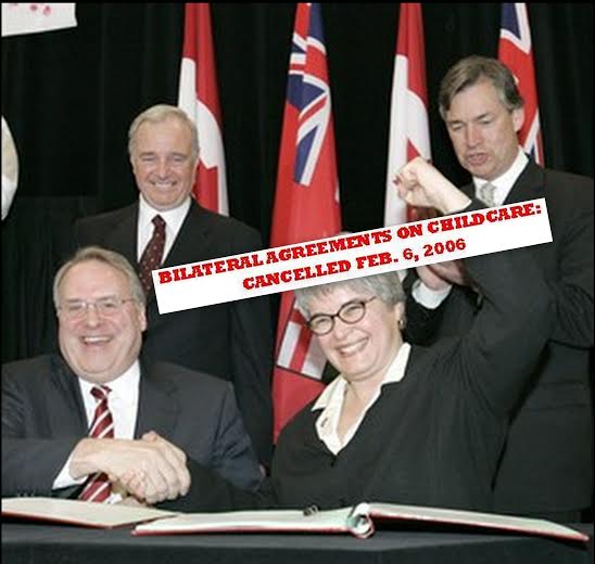 A photo of ministers signing the bilateral childcare agreement