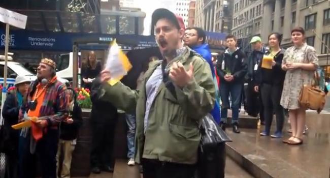 System Change Not Climate Change's Peter Rugh in Zuccotti Park at Earth Day to M