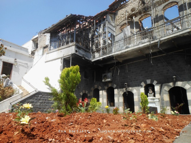 Volunteers have planted a garden in the courtyard of the burned St. Mary’s Churc