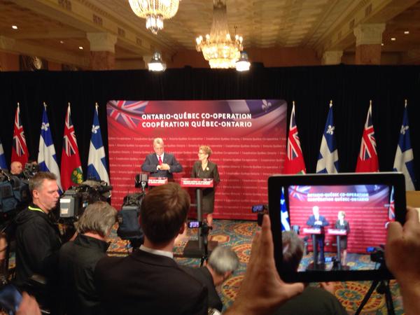 Wynne and Couillard announce their conditions on the Energy East pipeline. Photo