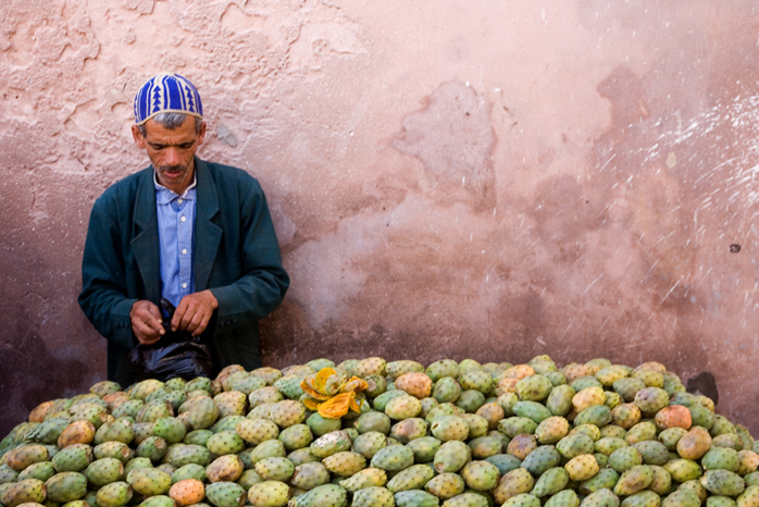 A merchant sells the prickly pears of the sabra plant in Morocco.