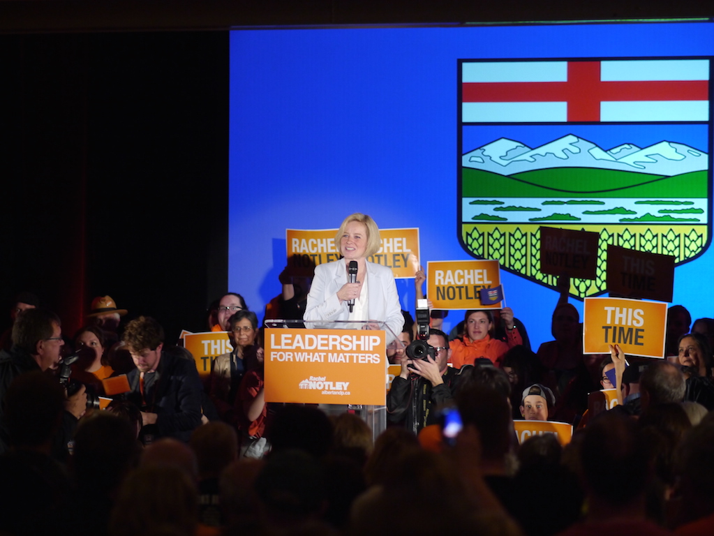 Alberta NDP Leader Rachel Notley, speaking May 3 in Edmonton