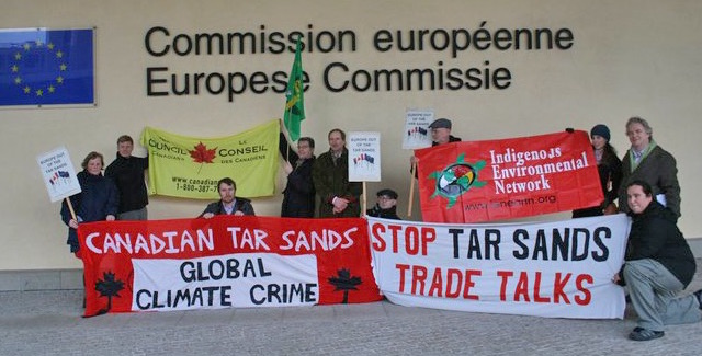 The Council of Canadians and allies protest the tar sands trade talks in front o