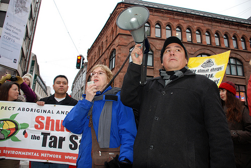 Photo: Barlow speaks at a protest outside the Canadian embassy in Copenhagen dur