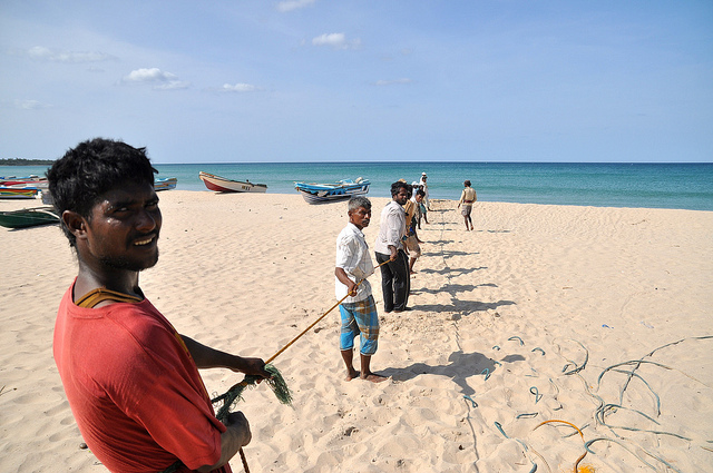 Sri Lankan fishermen, pulling in their nets (author photo)