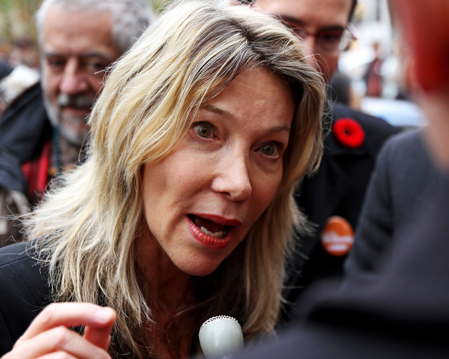 Linda McQuaig, campaigning in Toronto, 2013