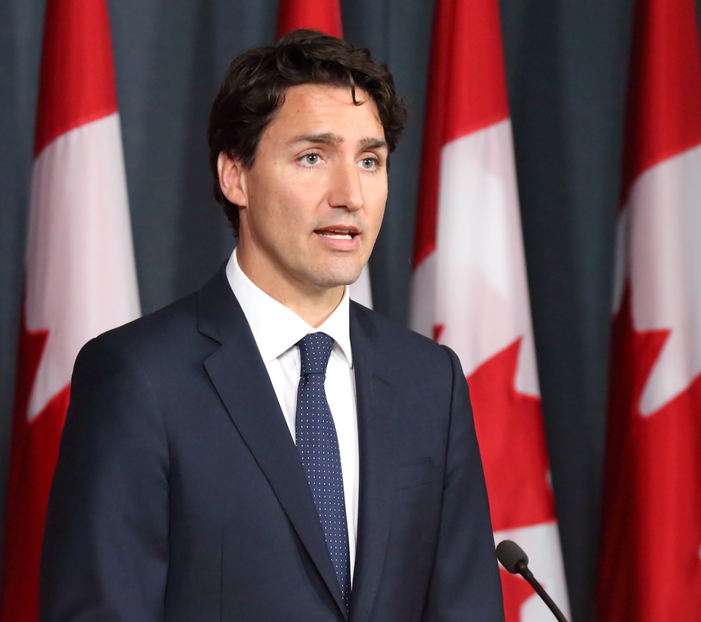 Prime Minister Justin Trudeau speaks to reporters at June news conference. Photo