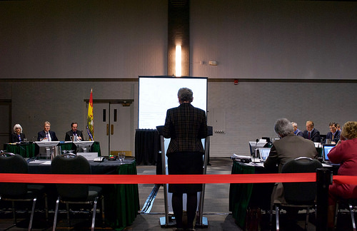 Chapter activist Dr. Paula Tippet speaks to the NEB panel and Energy East repres