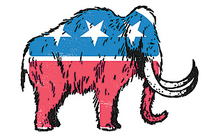 Graphic image of a mammoth elephant painted red, white and blue
