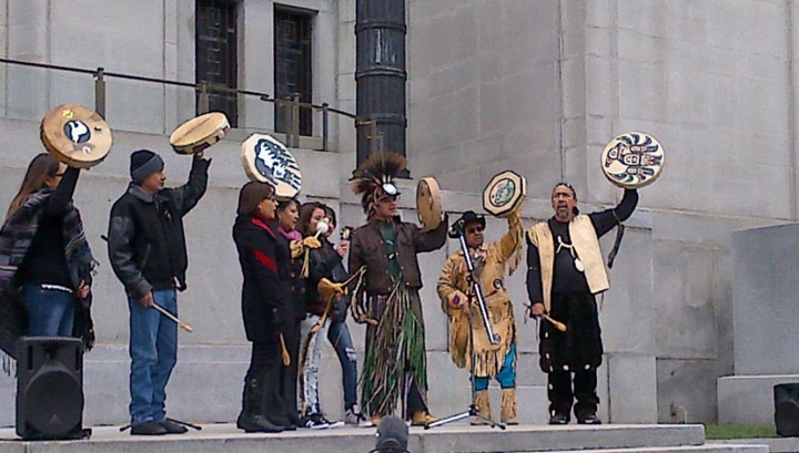 Photo: Members of the Tsilhqot'in Nation on the front steps of the Supreme Court