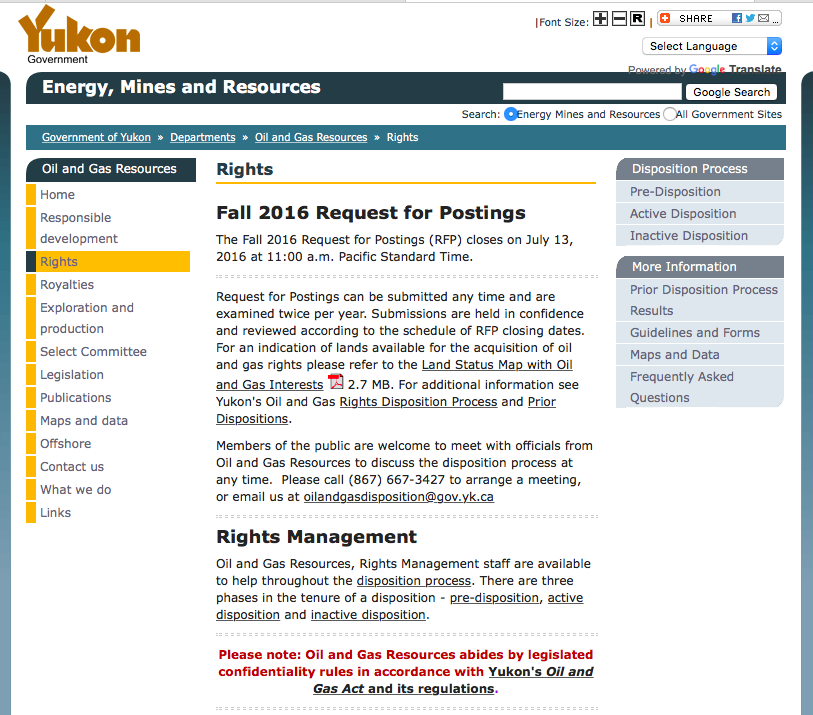 Screen Shot of a Yukon Government Oil and Gas Request for Posting web page that