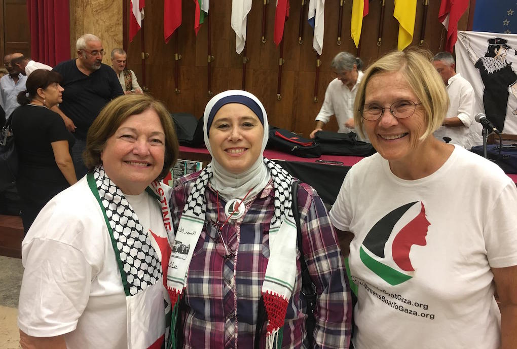 Three women from the Women’s Boat to Gaza (L-R): Mairead Maguire, Renè Abu Joub